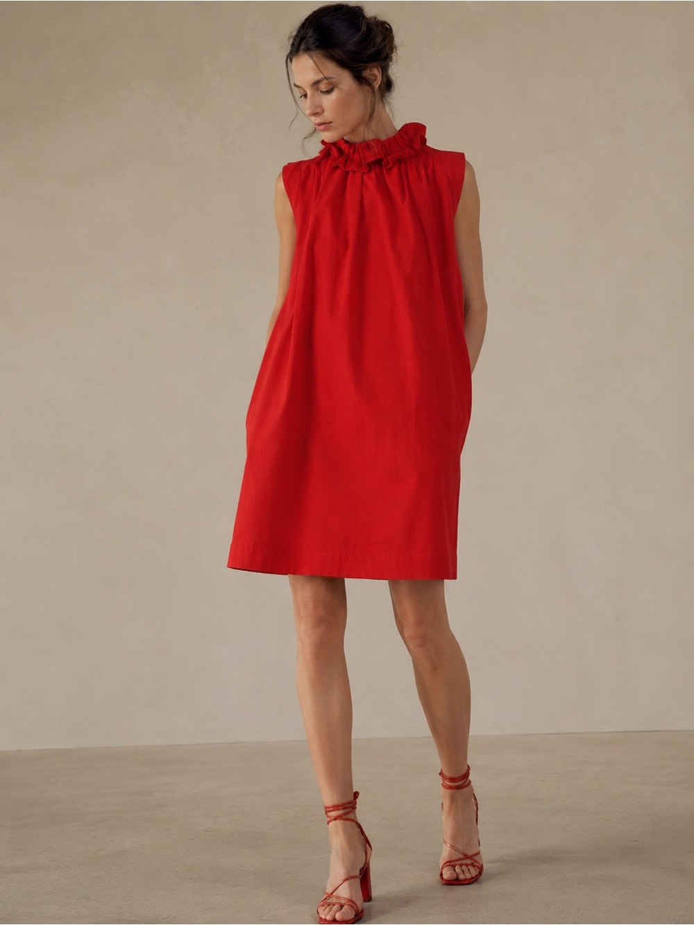 NEW Atlantique Ascoli Robe Mardi Red Ruffle Neck Cotton Linen Dress France